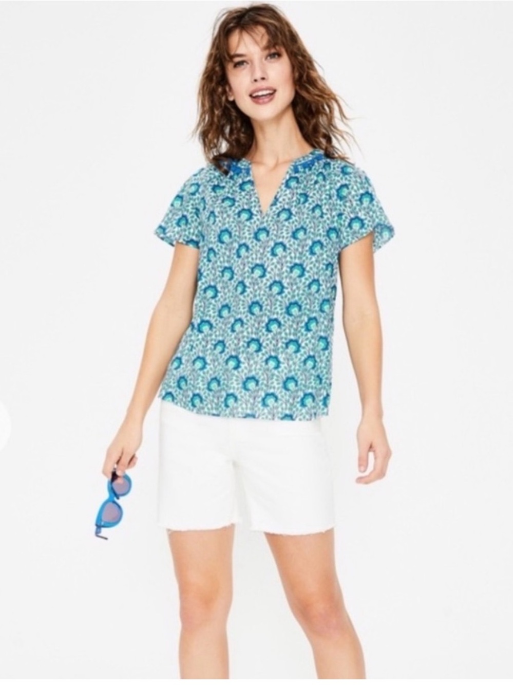 Boden Nessa Pom Pom Top Blue White Print 100% Cotton Boho Cottagecore Size 6